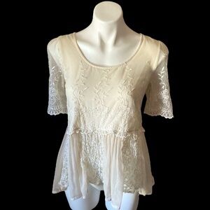 Free People Cream Lace Embroidered High Low Short Sleeve Blouse Small Petite